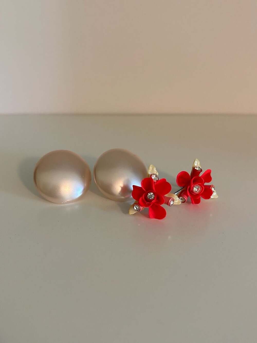 Vintage Lot of Screw-Back Earrings: Champagne Faux Pearl and Floral Rhinestone
